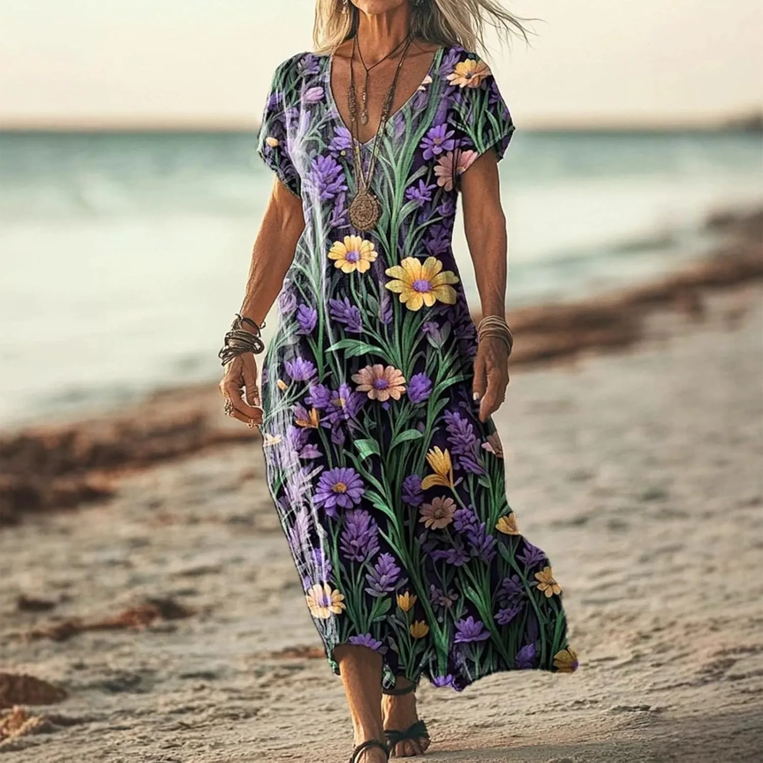 Womens Linen Dresses Loose Flowy V Neck Short Sleeve 2025 Boho Print Maxi Dress Lightweight Summer Beach Vacation