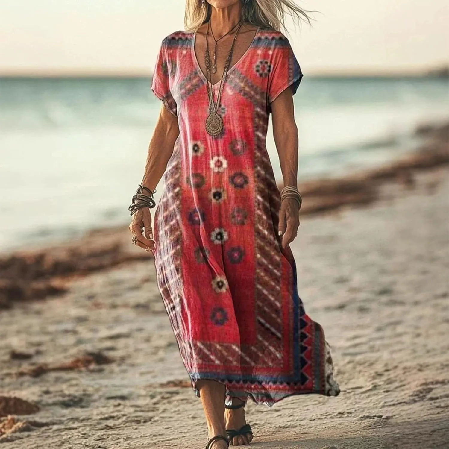 Womens Linen Dresses Loose Flowy V Neck Short Sleeve 2025 Boho Print Maxi Dress Lightweight Summer Beach Vacation