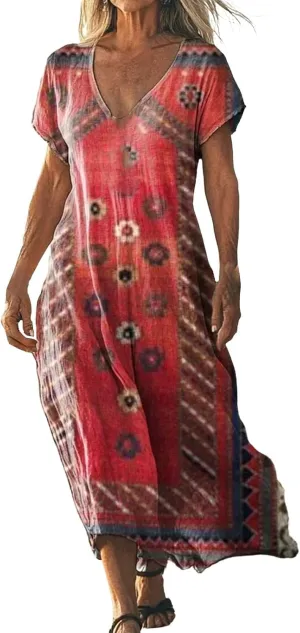 Womens Linen Dresses Loose Flowy V Neck Short Sleeve 2025 Boho Print Maxi Dress Lightweight Summer Beach Vacation