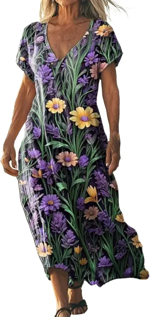 Womens Linen Dresses Loose Flowy V Neck Short Sleeve 2025 Boho Print Maxi Dress Lightweight Summer Beach Vacation