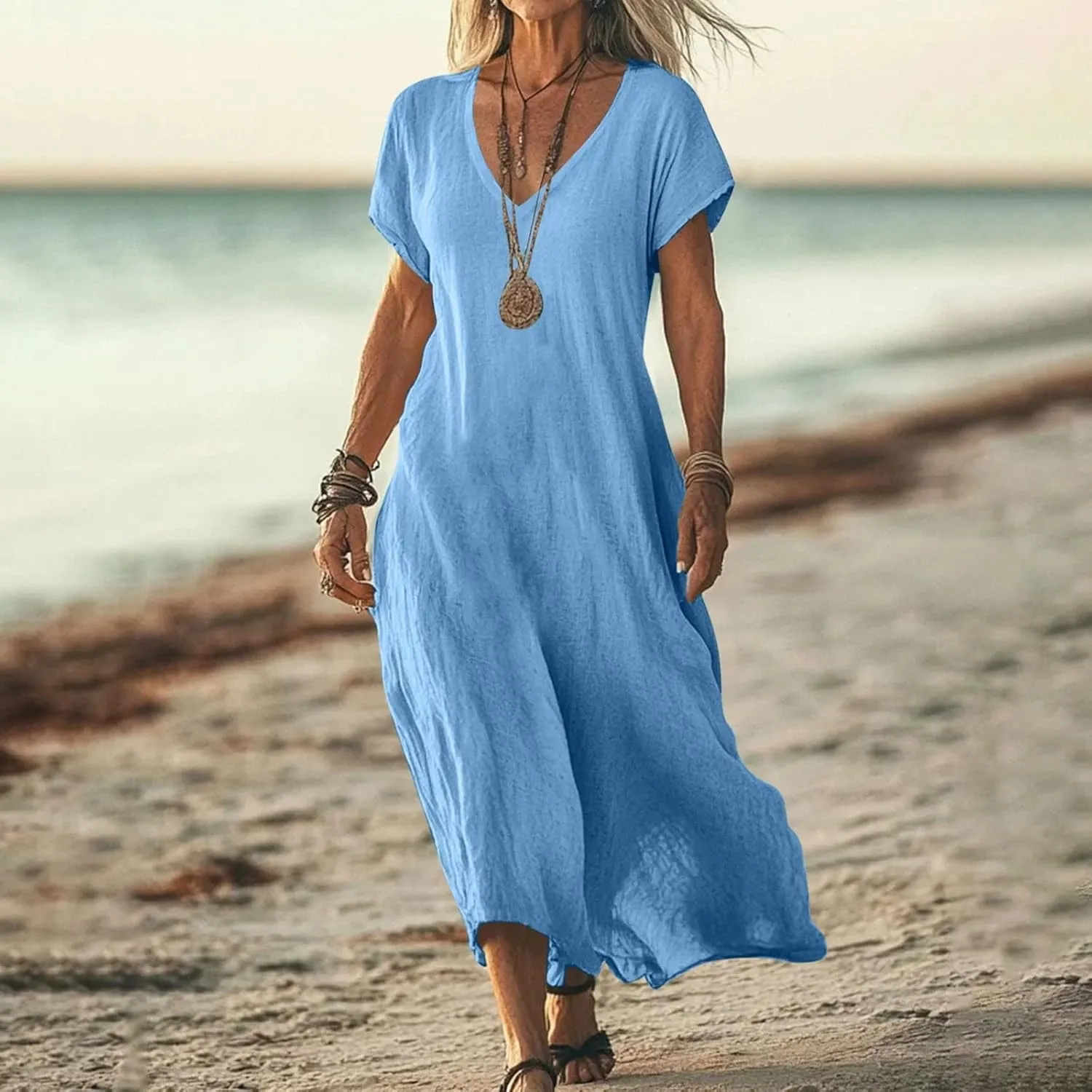 Womens Linen Dresses Loose Flowy V Neck Short Sleeve 2025 Boho Print Maxi Dress Lightweight Summer Beach Vacation