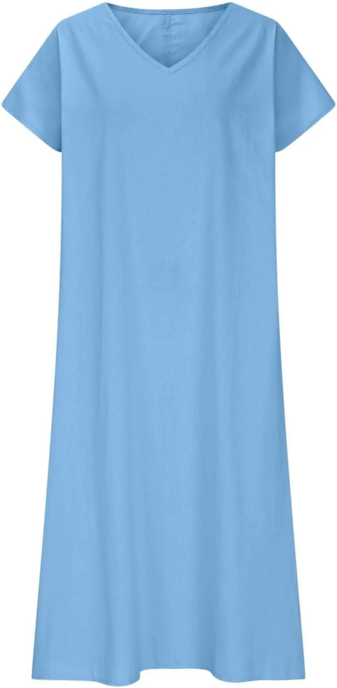 Womens Linen Dresses Loose Flowy V Neck Short Sleeve 2025 Boho Print Maxi Dress Lightweight Summer Beach Vacation