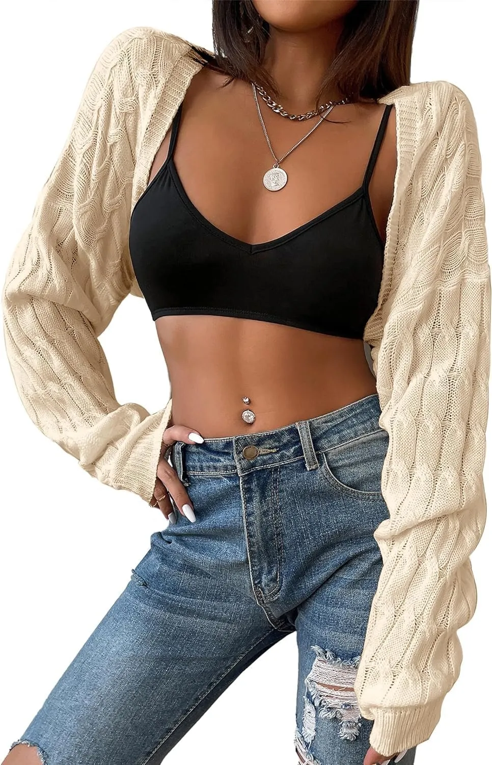 Womens Long Sleeve Open Front Crop Cardigan Sweater Drop Shoulder Shrugs Knit Bolero Sweaters Tops Outwear