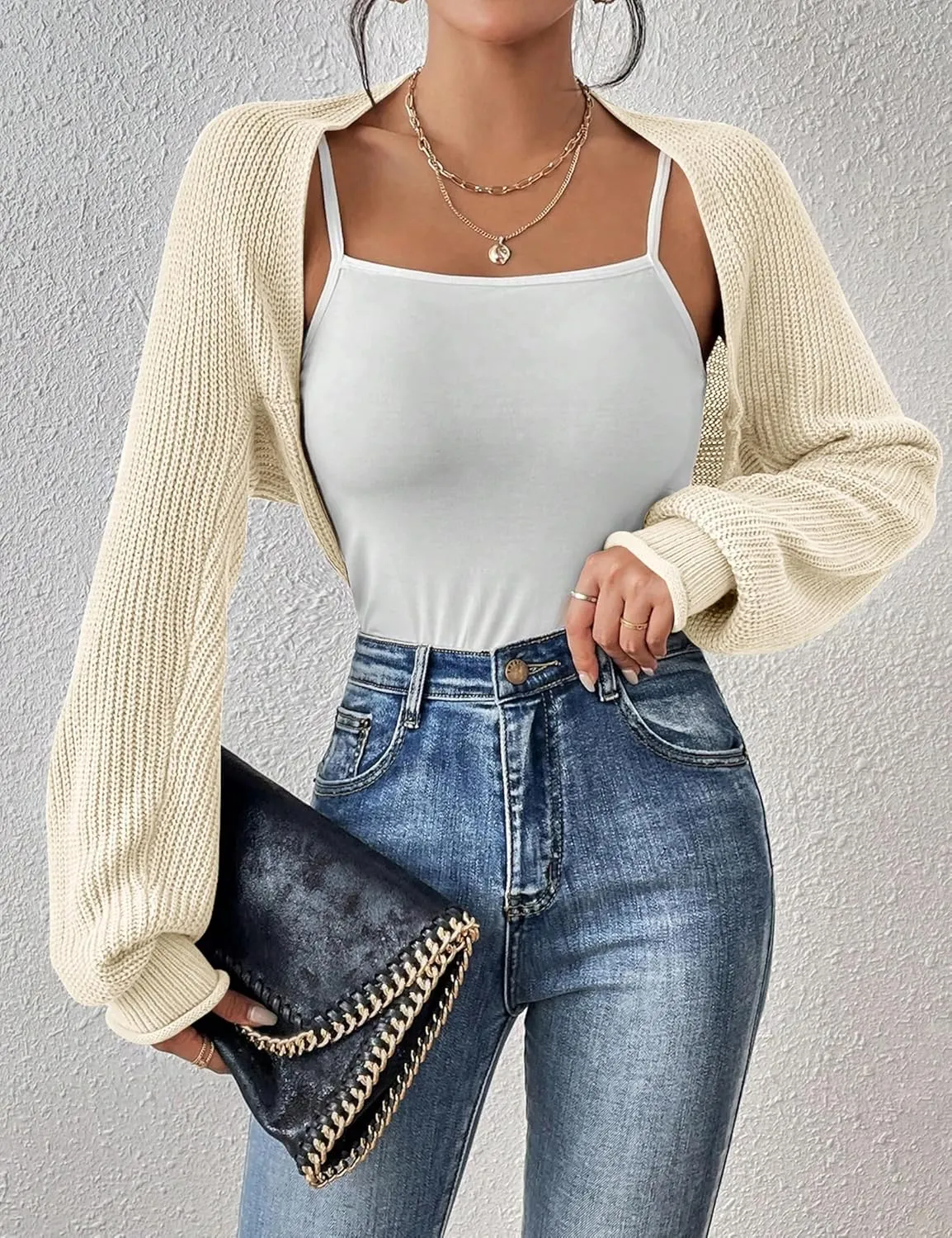 Women's Long Sleeve Open Front Knit Cropped Cardigan Sweaters Casual Solid Spring Summer Short Shrugs Sweater Coats