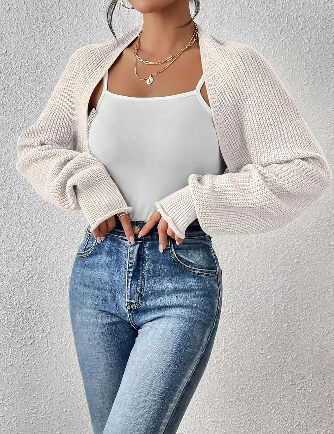 Women's Long Sleeve Open Front Knit Cropped Cardigan Sweaters Casual Solid Spring Summer Short Shrugs Sweater Coats
