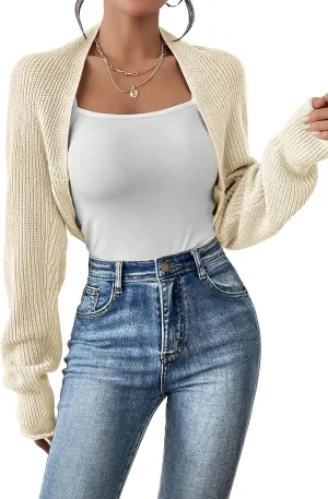 Women's Long Sleeve Open Front Knit Cropped Cardigan Sweaters Casual Solid Spring Summer Short Shrugs Sweater Coats