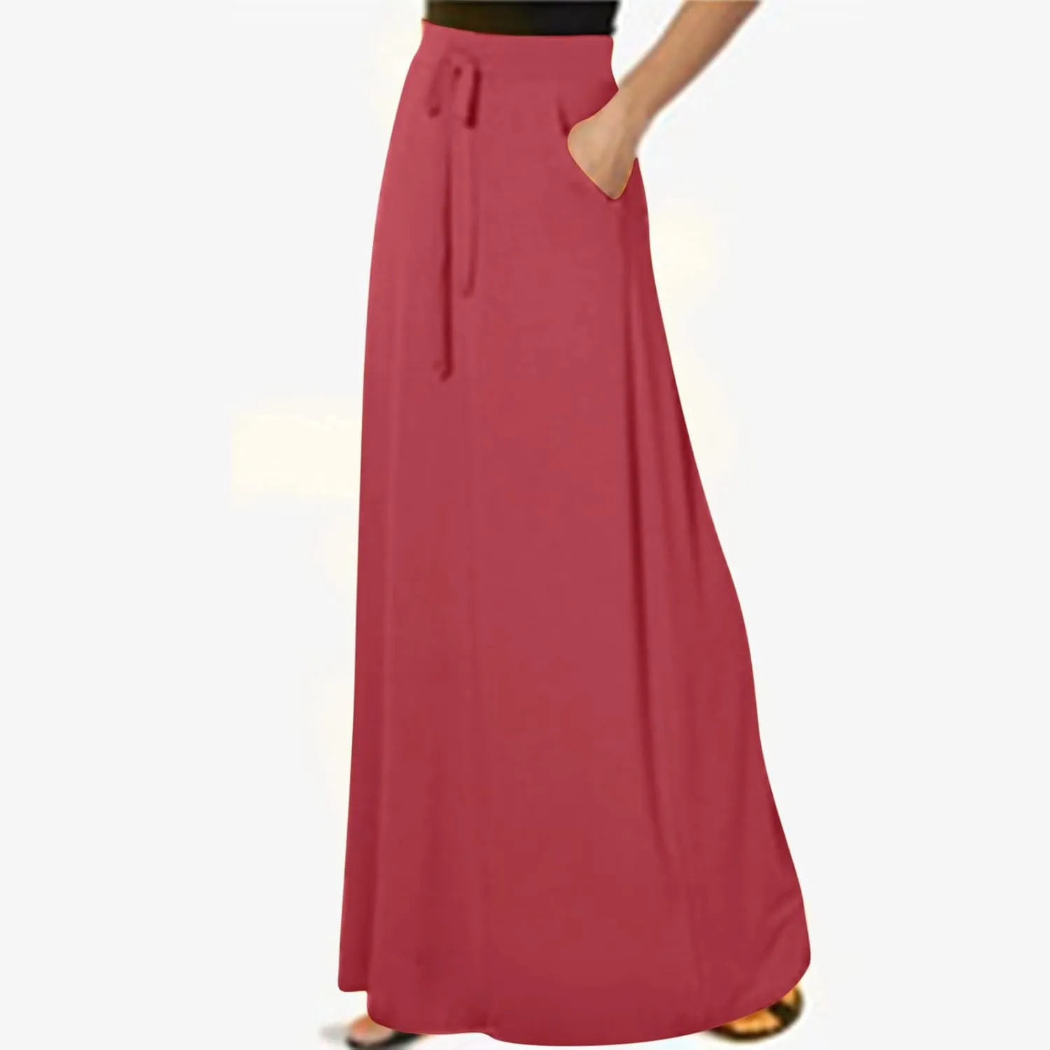Womens Maxi Skirt Elastic Basic Solid Tie Dye Foldable High Waisted Midi Length Plus Size A-Line Skirts with Pockets