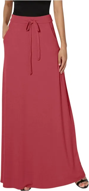 Womens Maxi Skirt Elastic Basic Solid Tie Dye Foldable High Waisted Midi Length Plus Size A-Line Skirts with Pockets