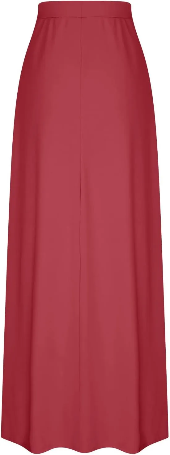 Womens Maxi Skirt Elastic Basic Solid Tie Dye Foldable High Waisted Midi Length Plus Size A-Line Skirts with Pockets