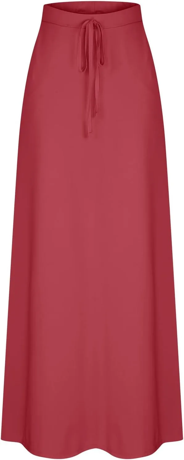 Womens Maxi Skirt Elastic Basic Solid Tie Dye Foldable High Waisted Midi Length Plus Size A-Line Skirts with Pockets