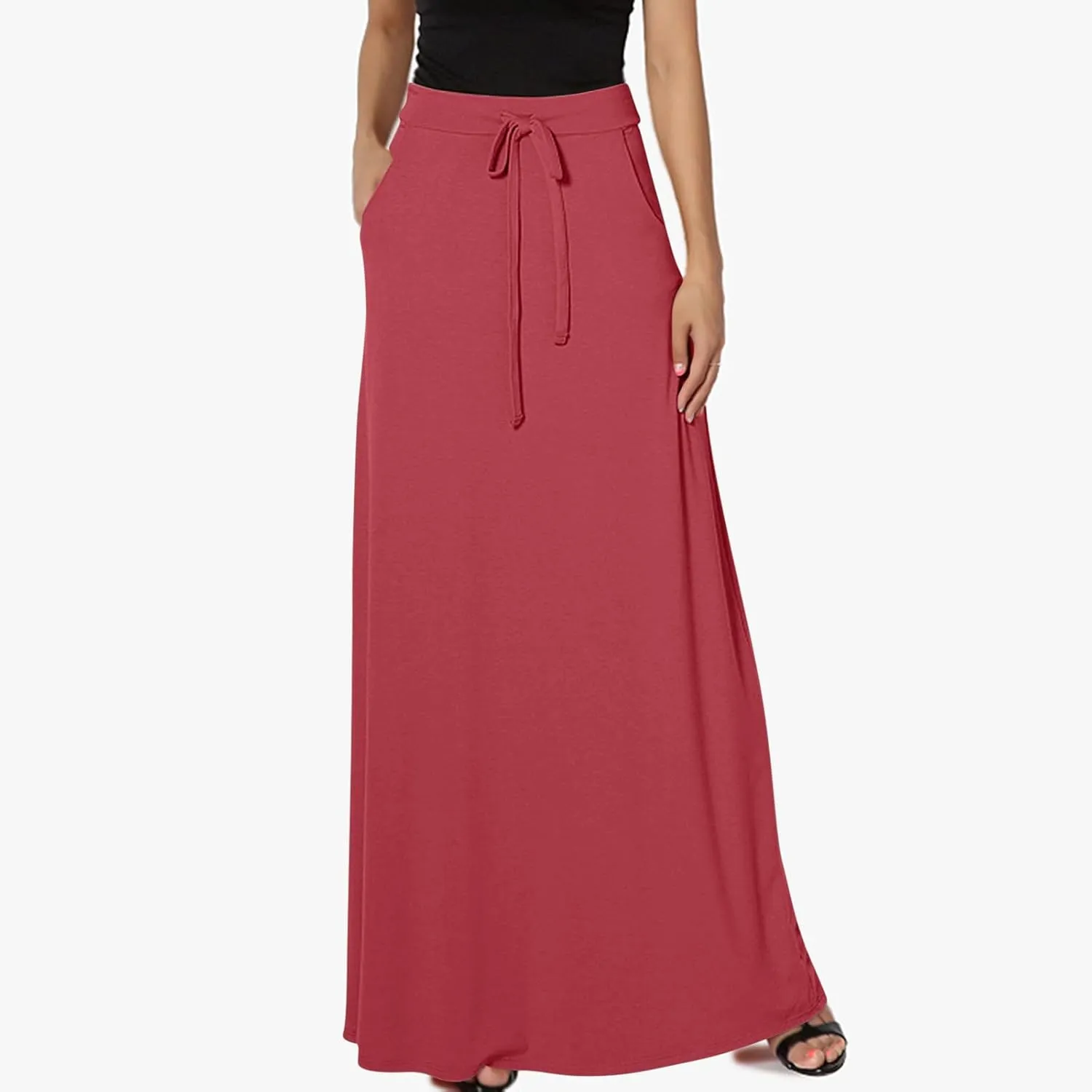 Womens Maxi Skirt Elastic Basic Solid Tie Dye Foldable High Waisted Midi Length Plus Size A-Line Skirts with Pockets