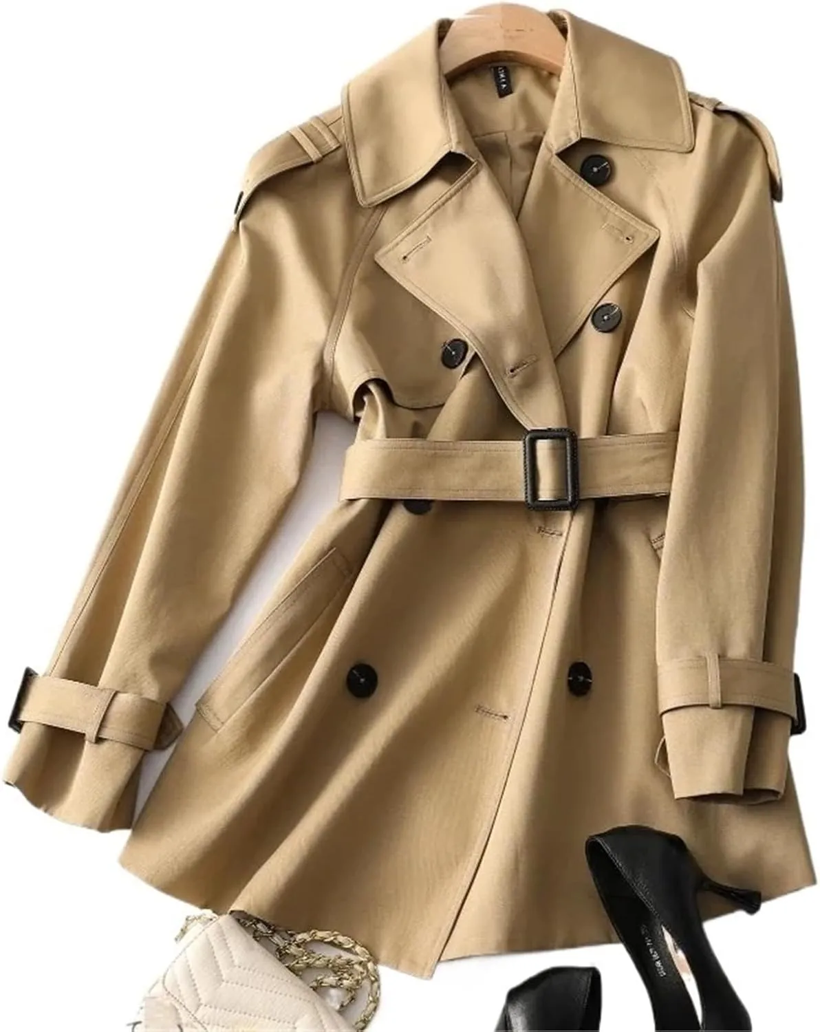 Women's Mid-Length Double Breasted Trench Coat Classic Notched Lapel Belted Trench Coat Elegant Overcoat