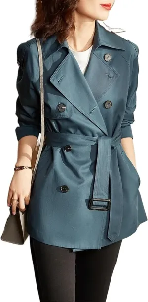 Women's Mid-Length Double Breasted Trench Coat Classic Notched Lapel Belted Trench Coat Elegant Overcoat