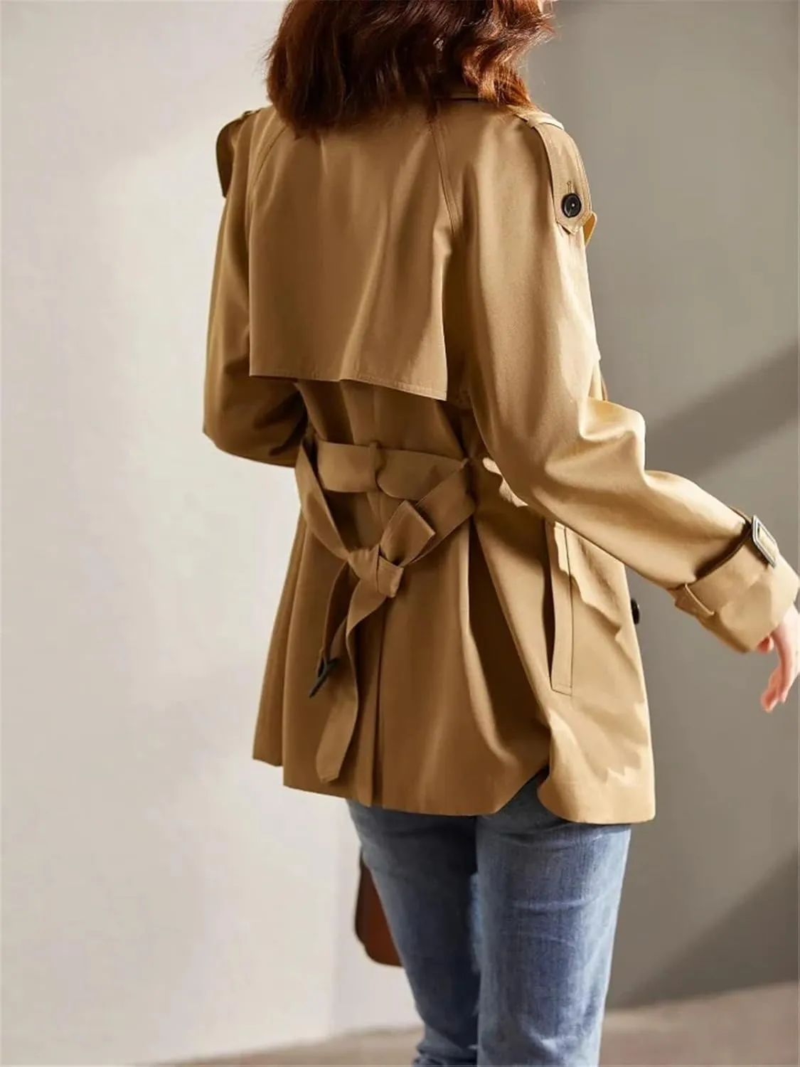 Women's Mid-Length Double Breasted Trench Coat Classic Notched Lapel Belted Trench Coat Elegant Overcoat