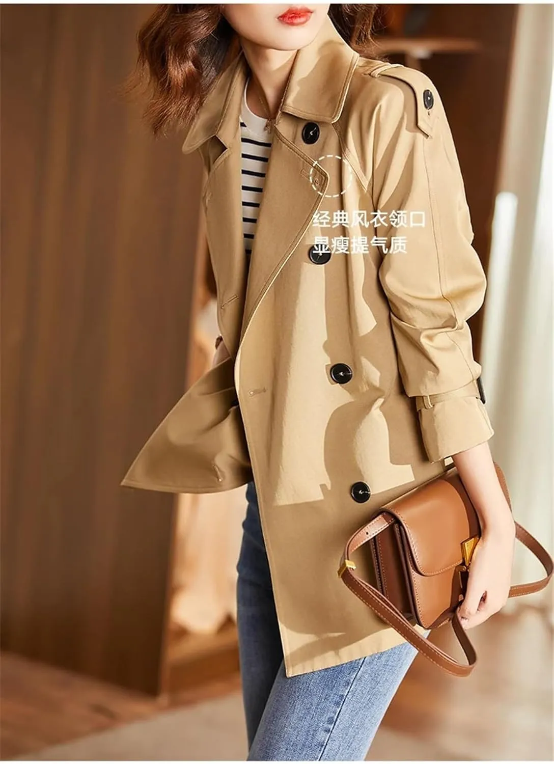 Women's Mid-Length Double Breasted Trench Coat Classic Notched Lapel Belted Trench Coat Elegant Overcoat