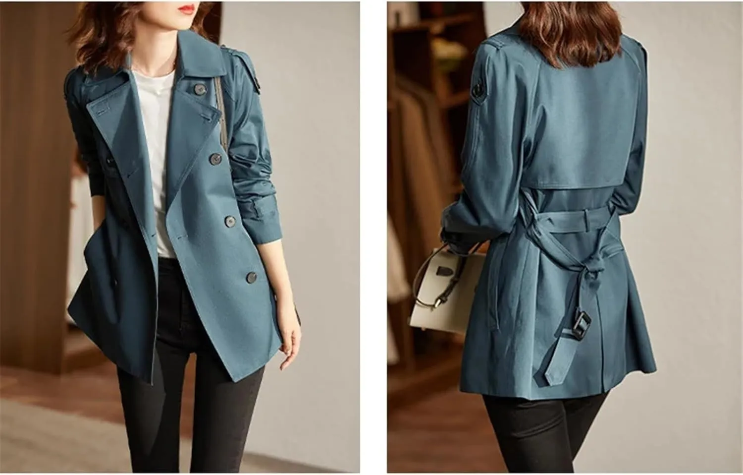 Women's Mid-Length Double Breasted Trench Coat Classic Notched Lapel Belted Trench Coat Elegant Overcoat