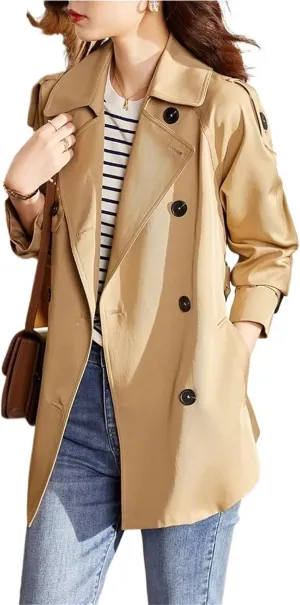 Women's Mid-Length Double Breasted Trench Coat Classic Notched Lapel Belted Trench Coat Elegant Overcoat