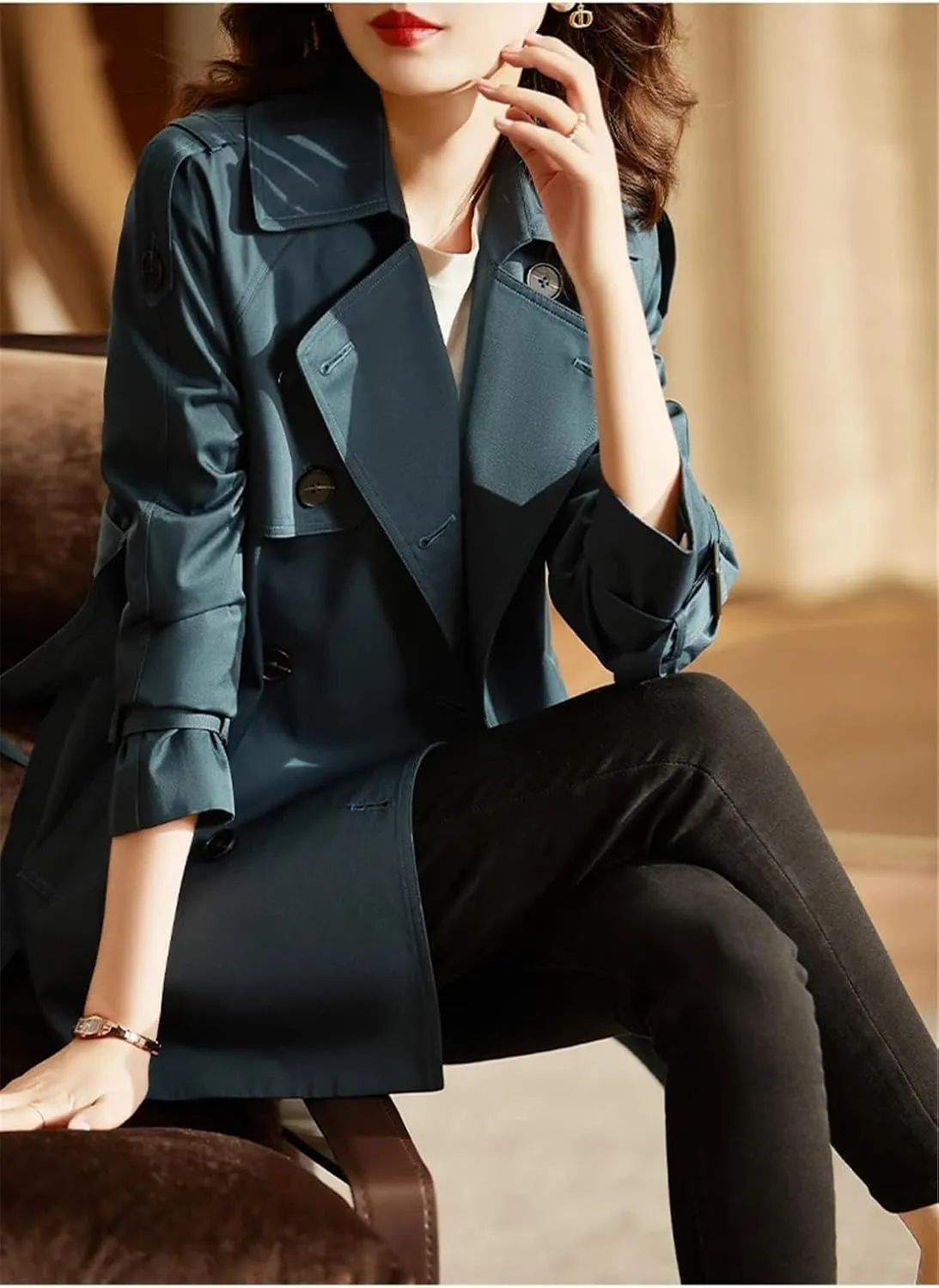 Women's Mid-Length Double Breasted Trench Coat Classic Notched Lapel Belted Trench Coat Elegant Overcoat