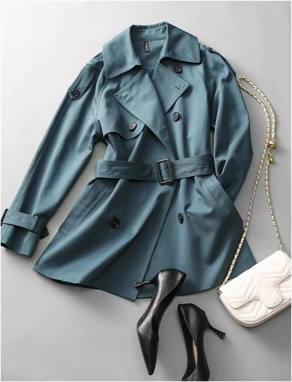 Women's Mid-Length Double Breasted Trench Coat Classic Notched Lapel Belted Trench Coat Elegant Overcoat