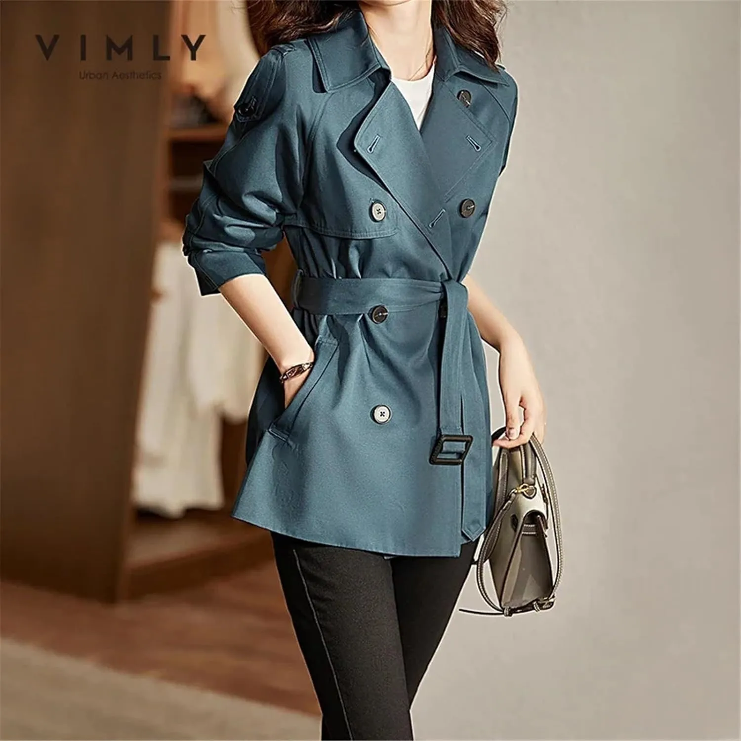 Women's Mid-Length Double Breasted Trench Coat Classic Notched Lapel Belted Trench Coat Elegant Overcoat