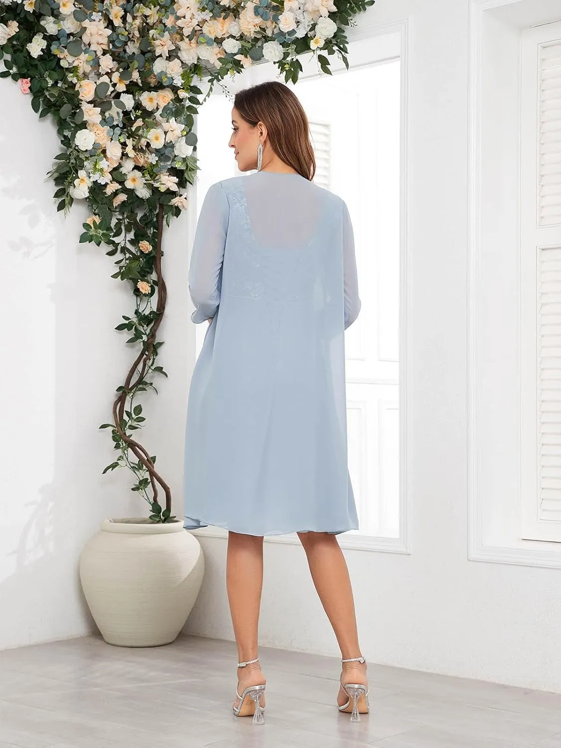 Women's Mother of The Bride Dresses for Wedding with Jacket 2 Piece Lace Chiffon 3/4 Sleeve Formal Evening Gown