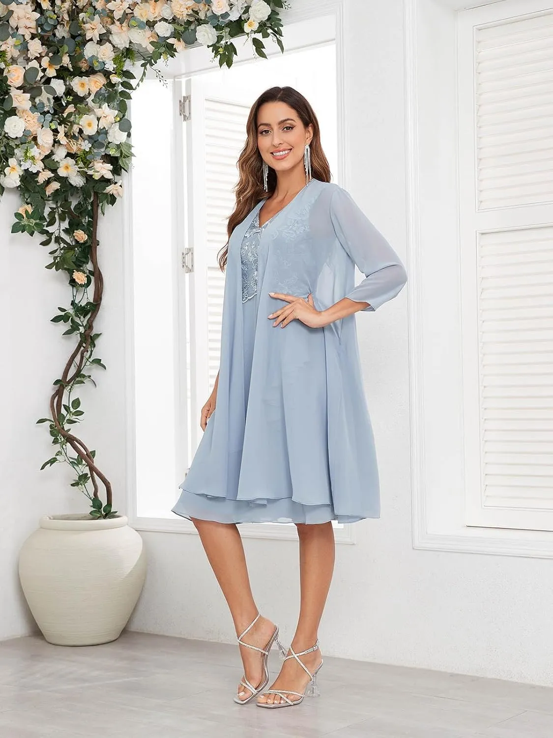 Women's Mother of The Bride Dresses for Wedding with Jacket 2 Piece Lace Chiffon 3/4 Sleeve Formal Evening Gown
