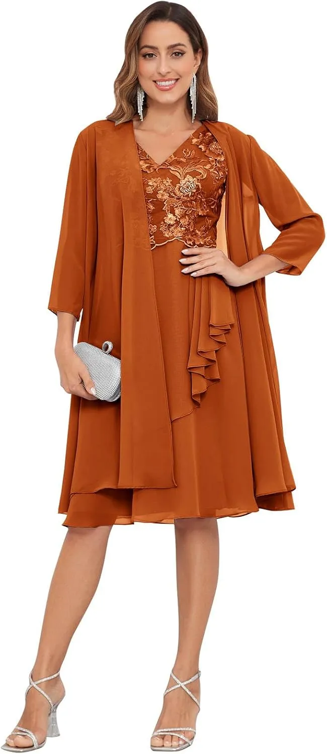 Women's Mother of The Bride Dresses for Wedding with Jacket 2 Piece Lace Chiffon 3/4 Sleeve Formal Evening Gown