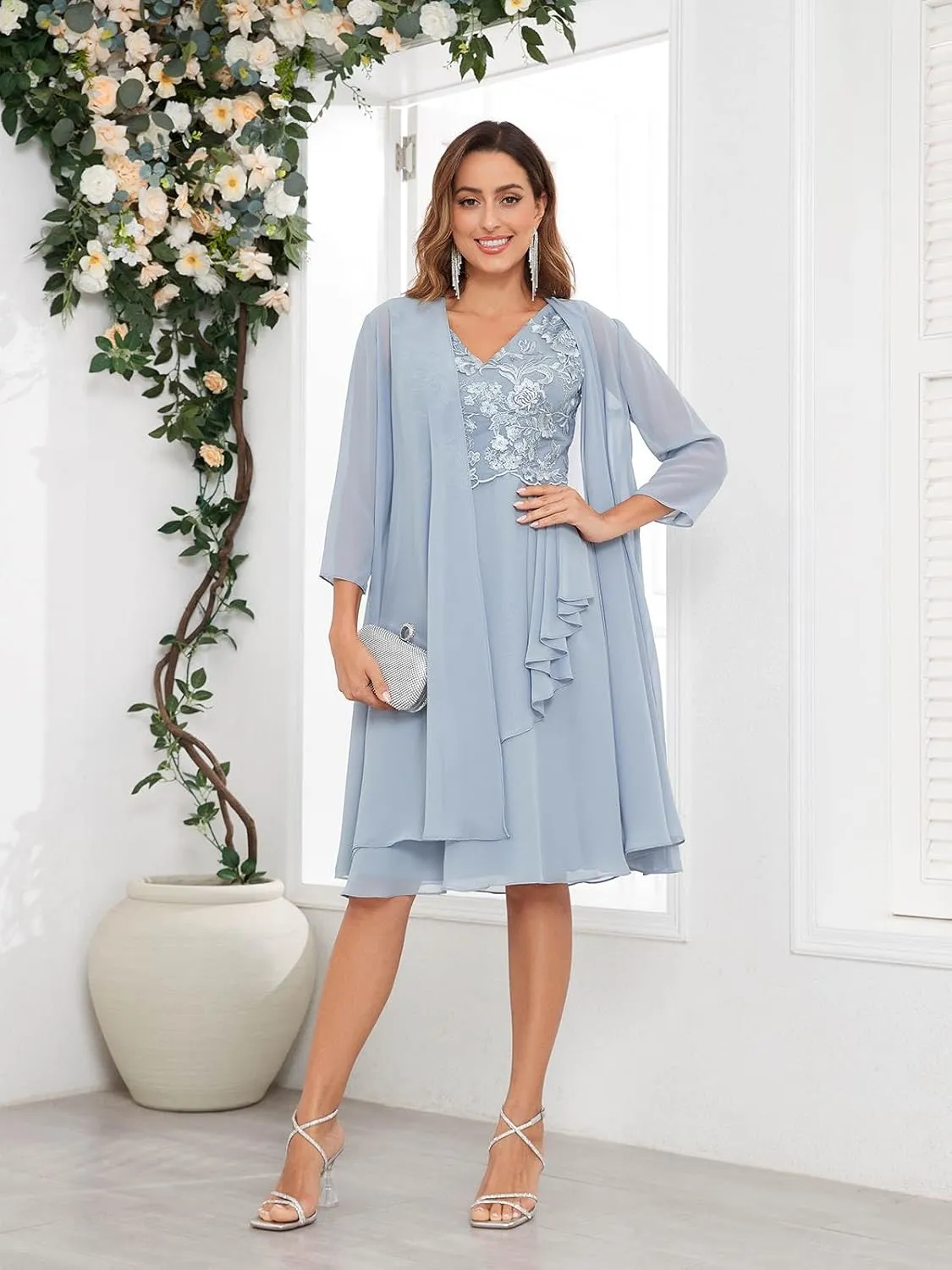 Women's Mother of The Bride Dresses for Wedding with Jacket 2 Piece Lace Chiffon 3/4 Sleeve Formal Evening Gown