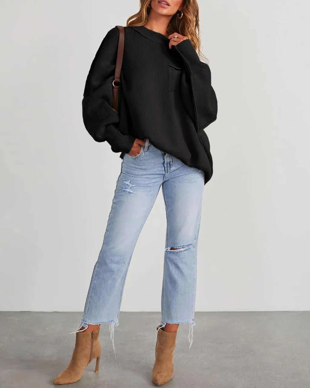 Women's Oversized Sweaters 2025 Crewneck Long Sleeve Ribbed Knit Batwing Pullover Tops
