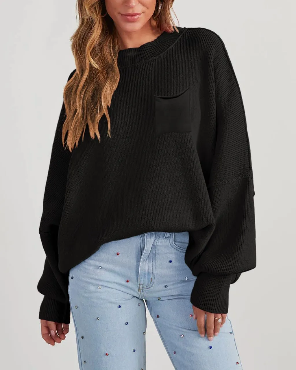 Women's Oversized Sweaters 2025 Crewneck Long Sleeve Ribbed Knit Batwing Pullover Tops