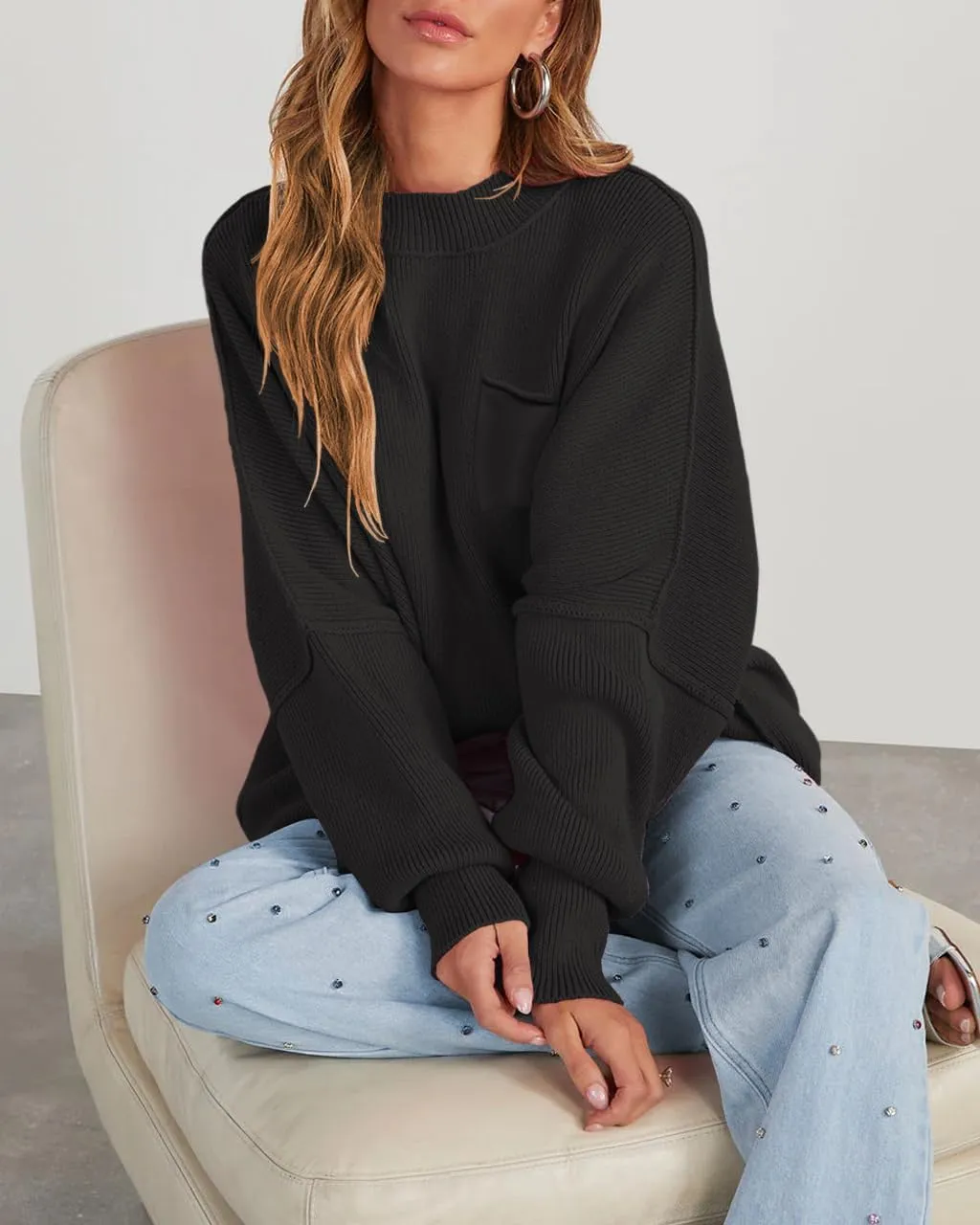 Women's Oversized Sweaters 2025 Crewneck Long Sleeve Ribbed Knit Batwing Pullover Tops