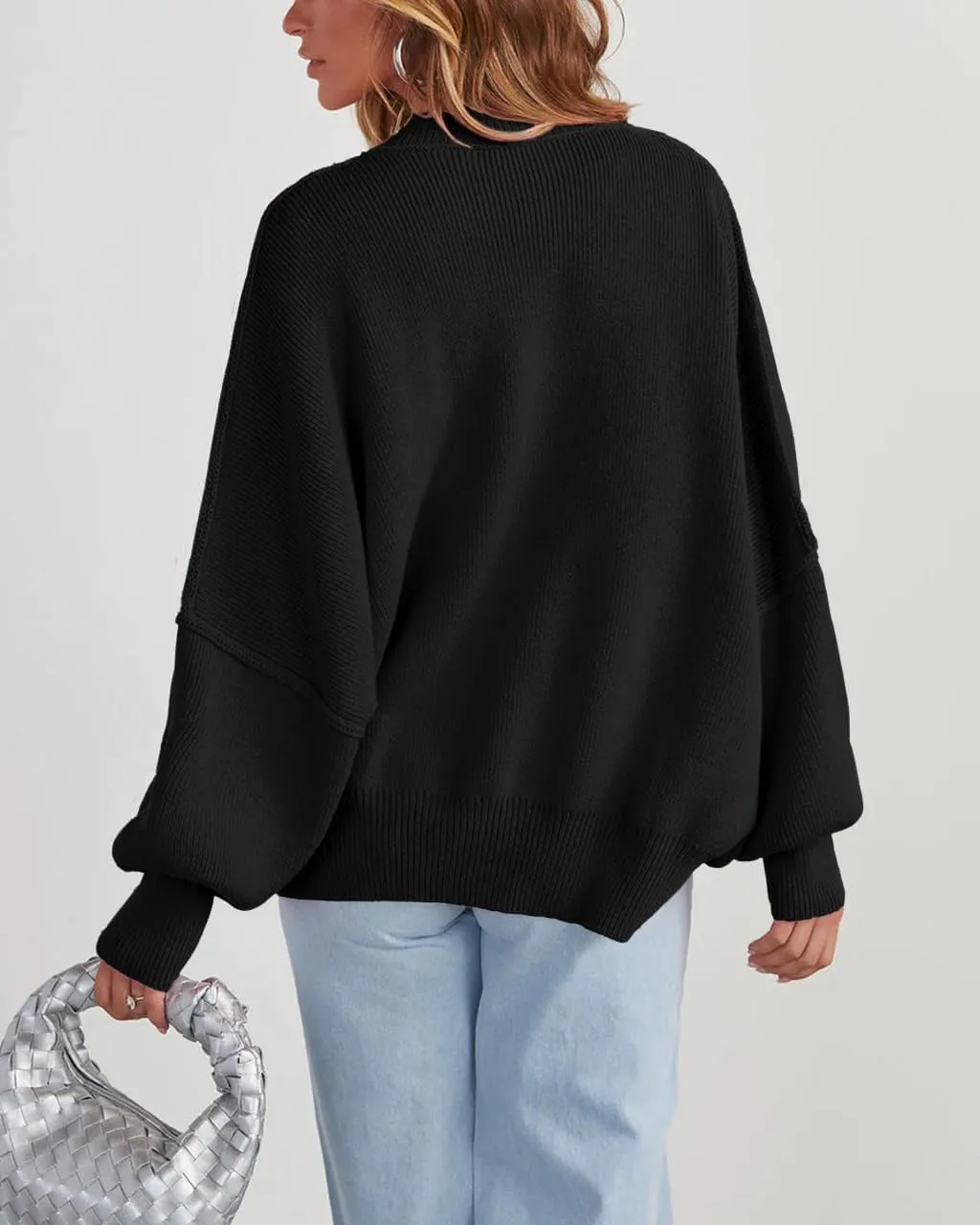 Women's Oversized Sweaters 2025 Crewneck Long Sleeve Ribbed Knit Batwing Pullover Tops
