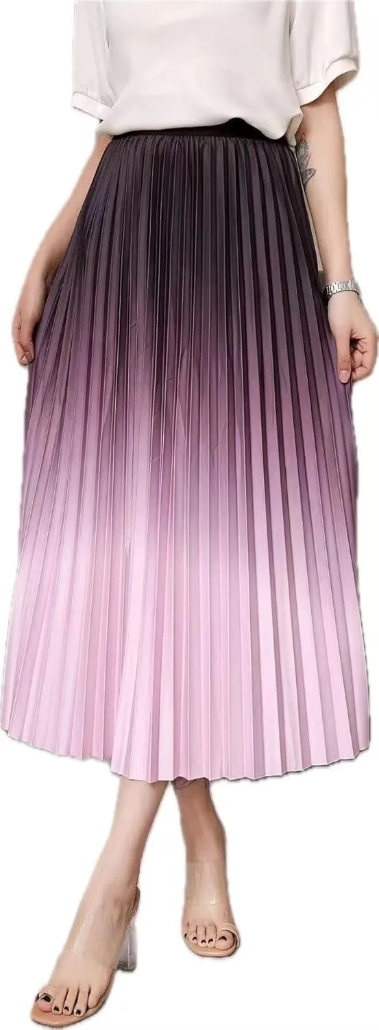 Women's Pleated Midi Skirt, Blue Ombre Gradient, High Waist, A-Line