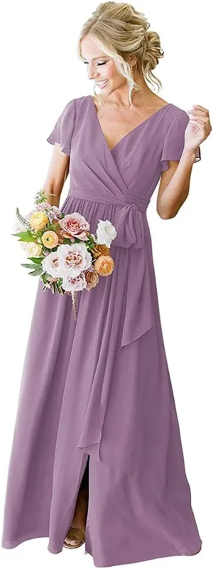 Women's Plus Size Bridesmaid Dresses with Sleeves Dusty Purple Long Chiffon Flowy Formal Gowns Split Evening Dresses 16W