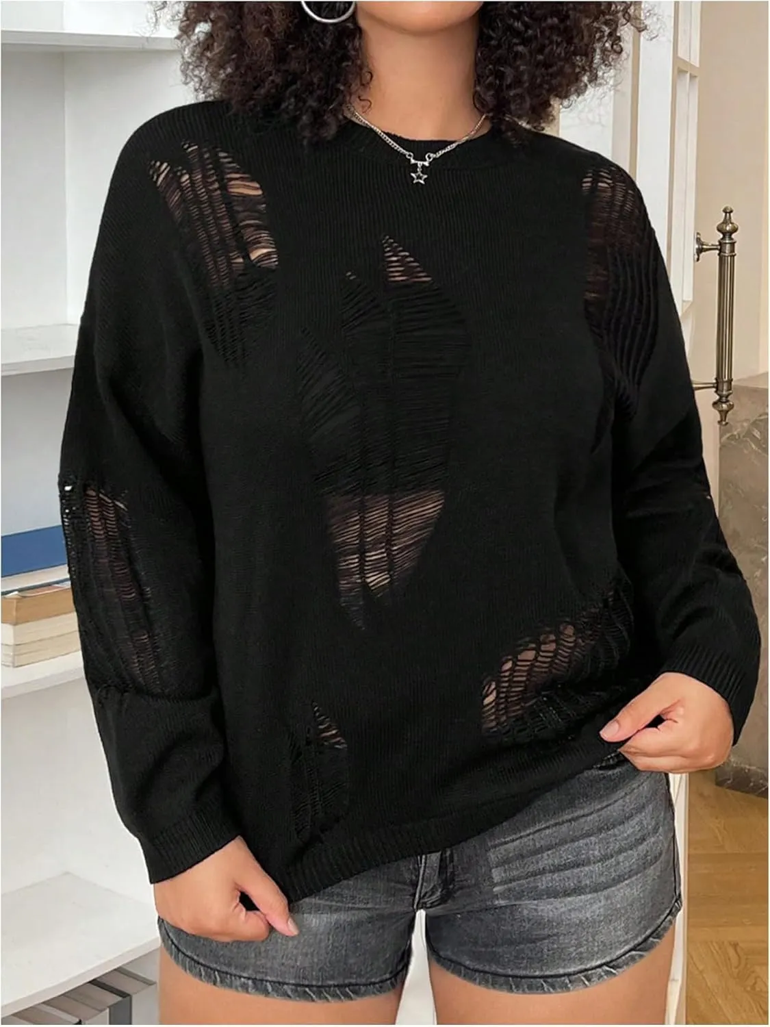 Women's Plus Size Distressed Sweater Hollow Out Crew Neck Ripped Sweaters Long Sleeve Knit Tops