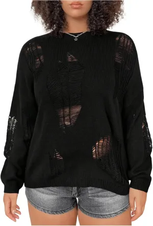 Women's Plus Size Distressed Sweater Hollow Out Crew Neck Ripped Sweaters Long Sleeve Knit Tops