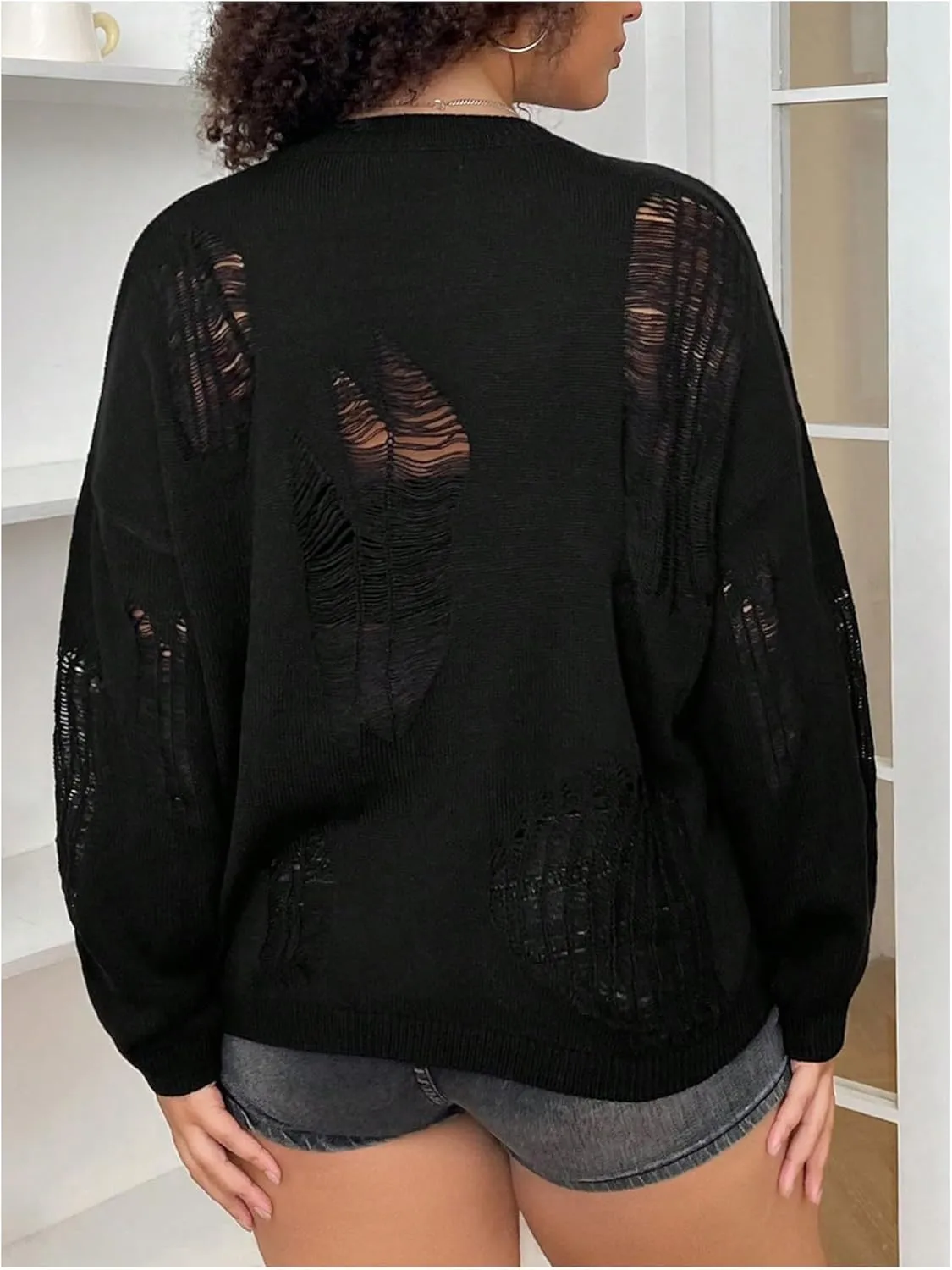 Women's Plus Size Distressed Sweater Hollow Out Crew Neck Ripped Sweaters Long Sleeve Knit Tops