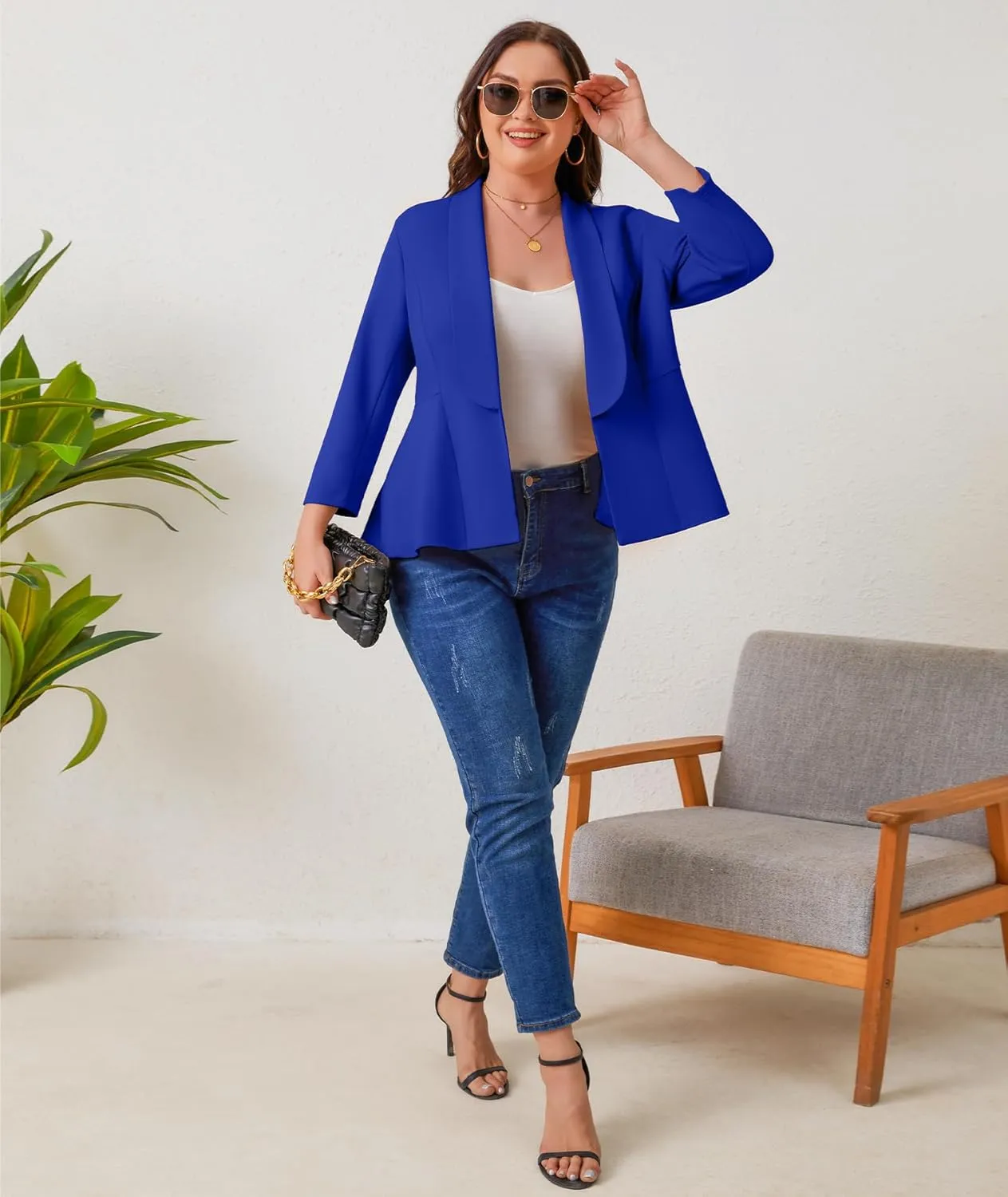 Women's Plus Size Open Front Blazer Casual Long Sleeve Cardigan Jacket Office