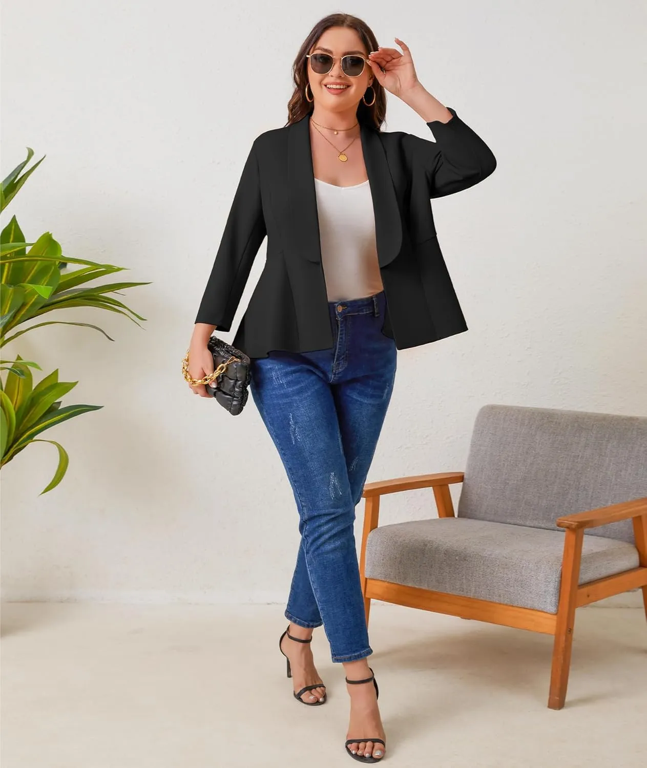 Women's Plus Size Open Front Blazer Casual Long Sleeve Cardigan Jacket Office