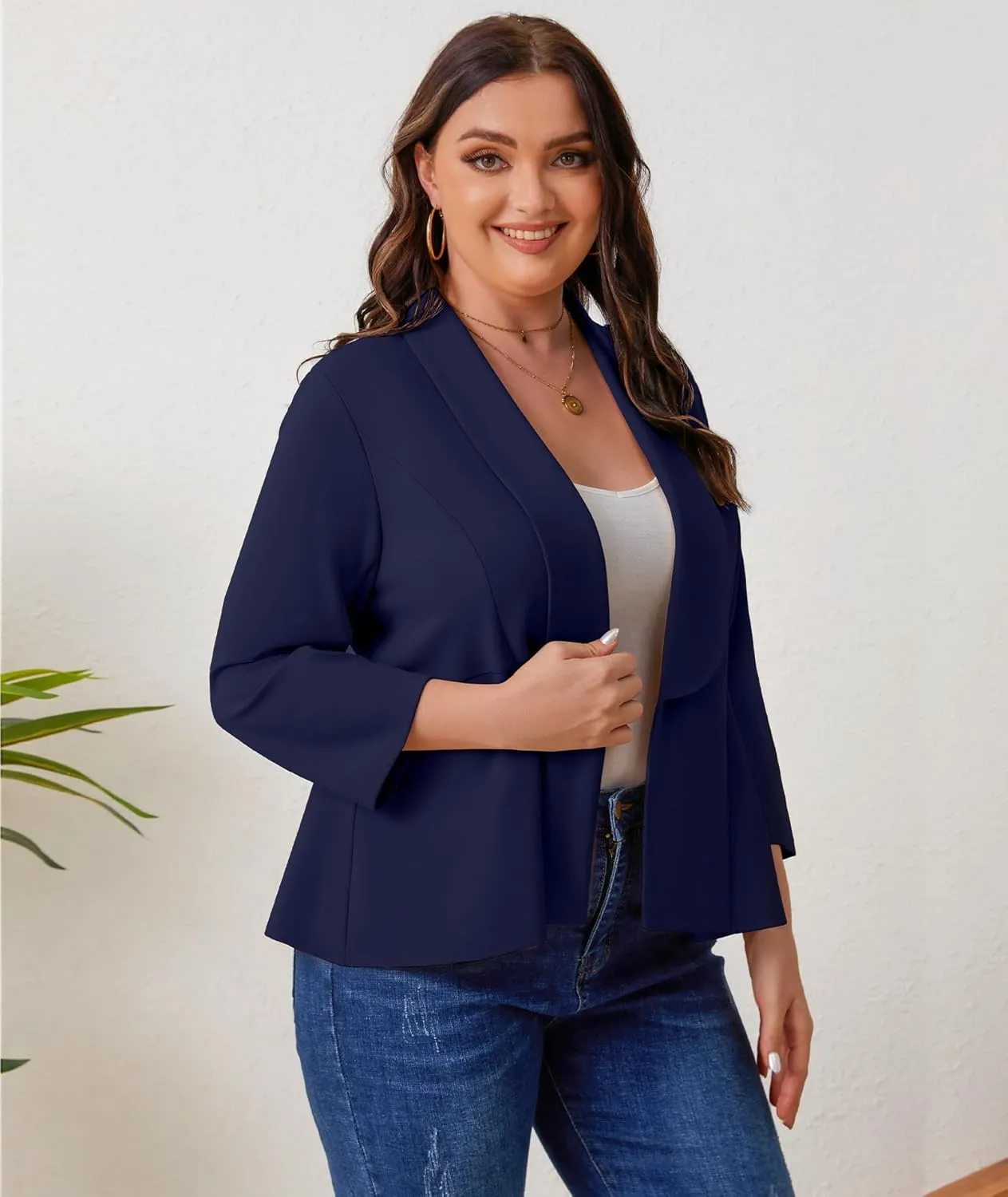 Women's Plus Size Open Front Blazer Casual Long Sleeve Cardigan Jacket Office