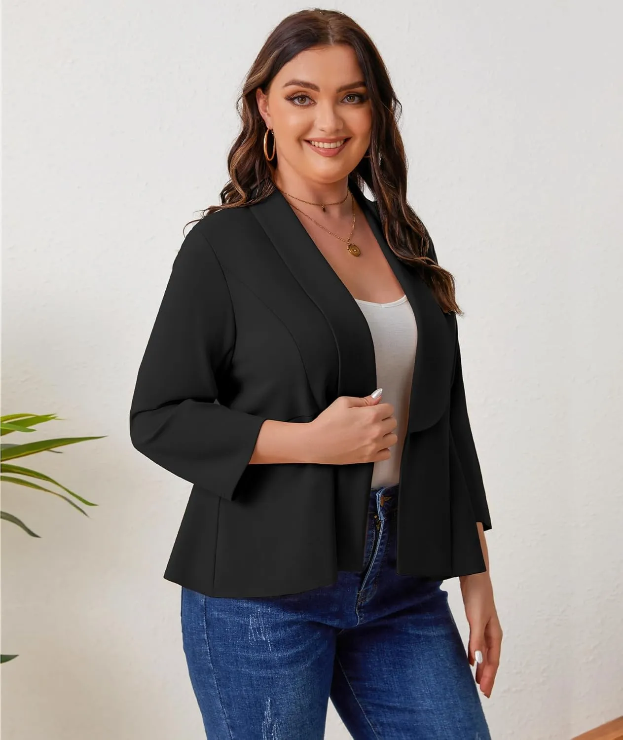 Women's Plus Size Open Front Blazer Casual Long Sleeve Cardigan Jacket Office