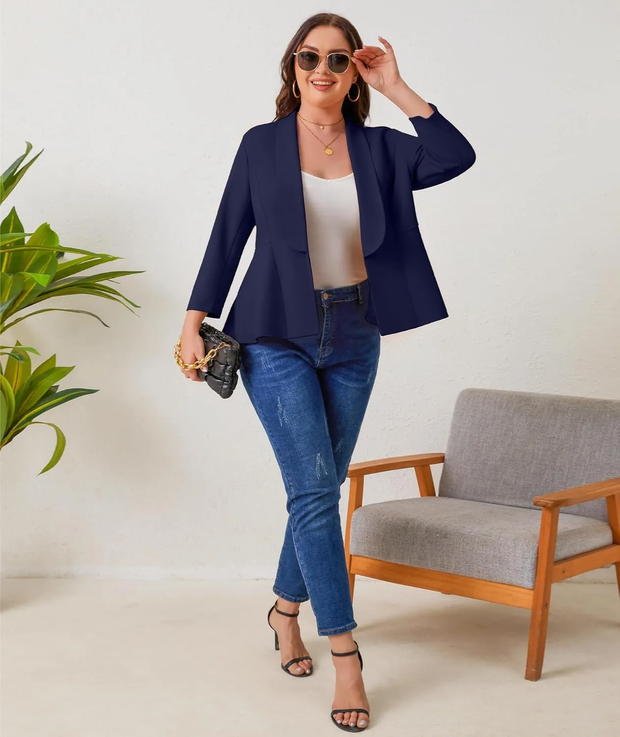 Women's Plus Size Open Front Blazer Casual Long Sleeve Cardigan Jacket Office