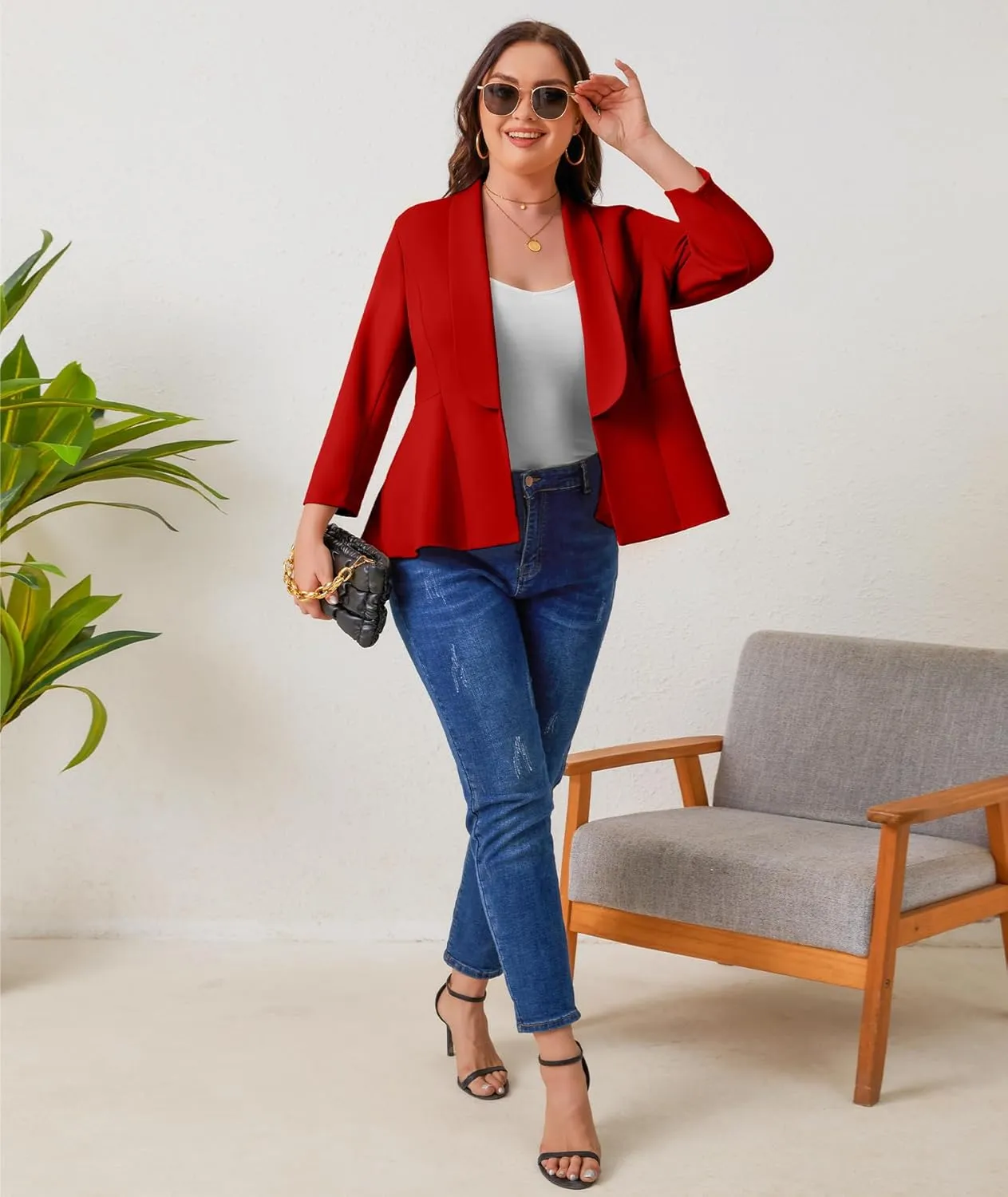 Women's Plus Size Open Front Blazer Casual Long Sleeve Cardigan Jacket Office