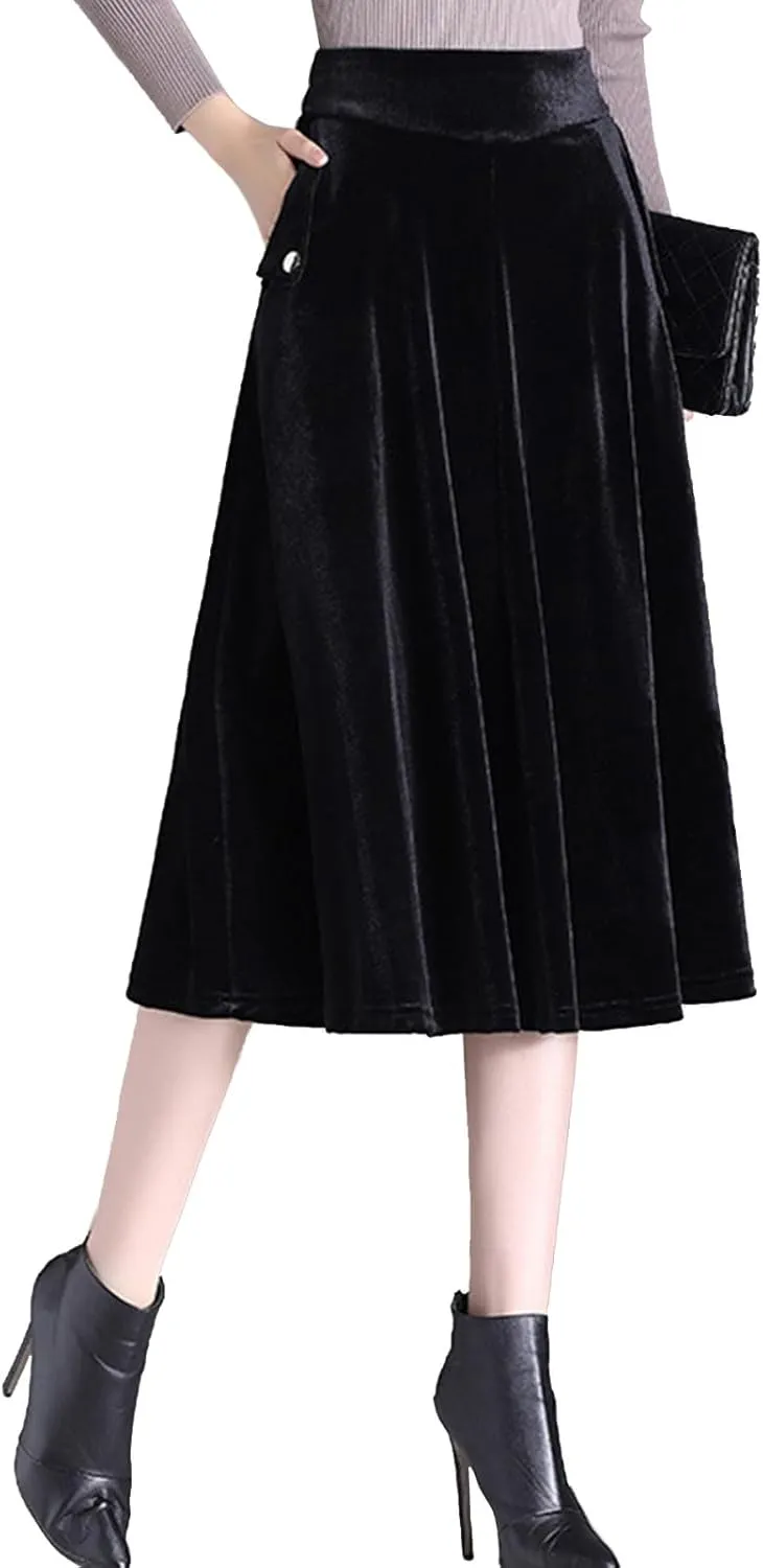 Womens Plus Size Velvet Skirt with Pockets Vintage A-Line Elastic High Waist Pleated Flare Midi Skirt