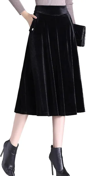 Womens Plus Size Velvet Skirt with Pockets Vintage A-Line Elastic High Waist Pleated Flare Midi Skirt