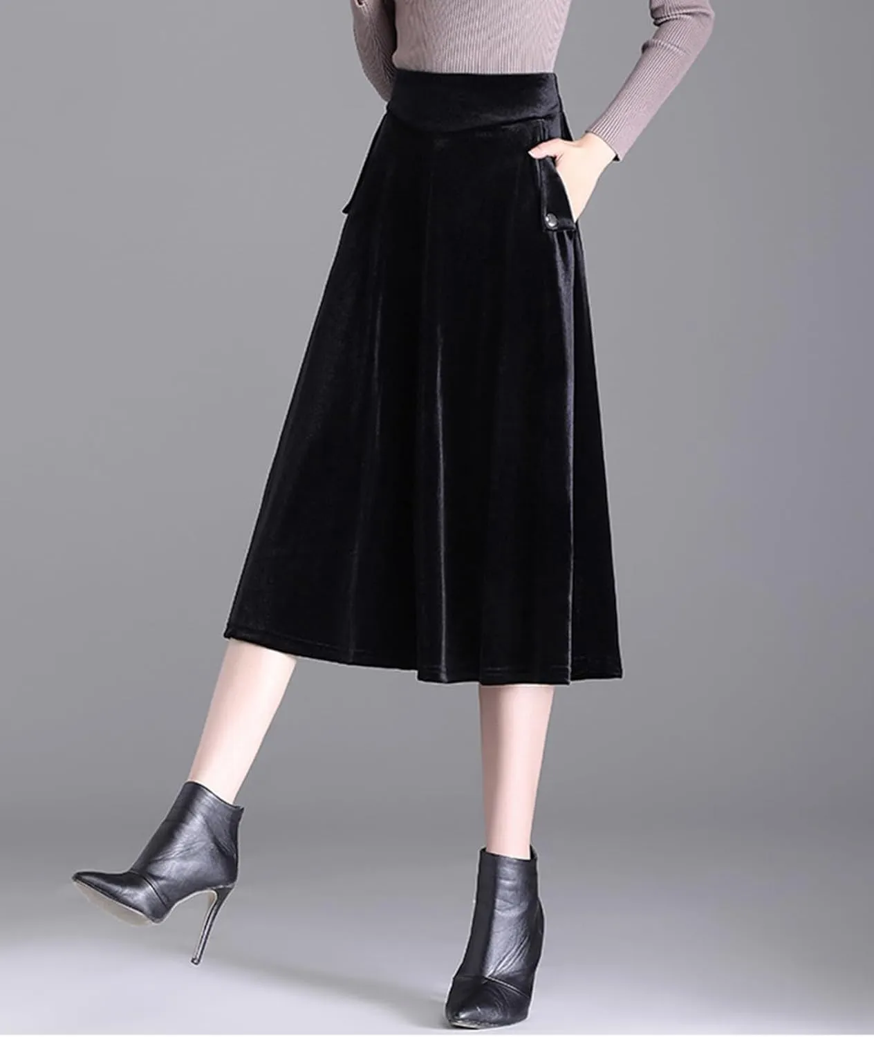 Womens Plus Size Velvet Skirt with Pockets Vintage A-Line Elastic High Waist Pleated Flare Midi Skirt