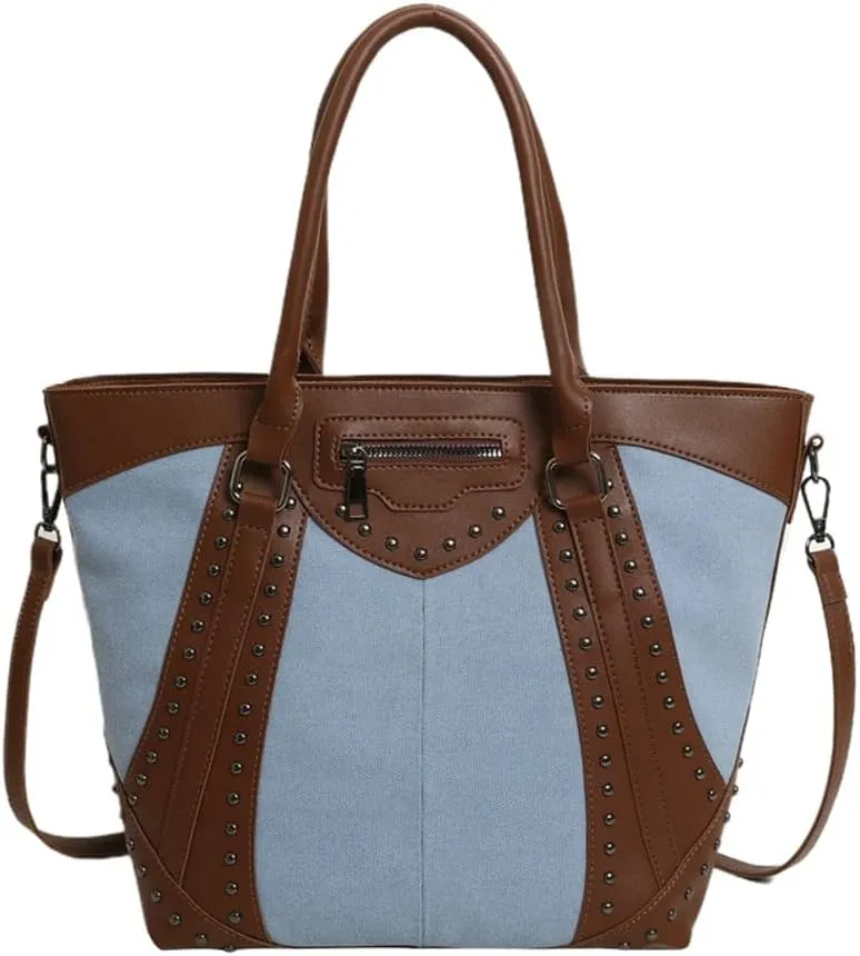 Womens Retro Denim Hobo Bag Slouchy Jean Tote Bag Stylish Crossbody Purse Punk Rivet Satchel Bag Casual Shoulder Bag Carryall