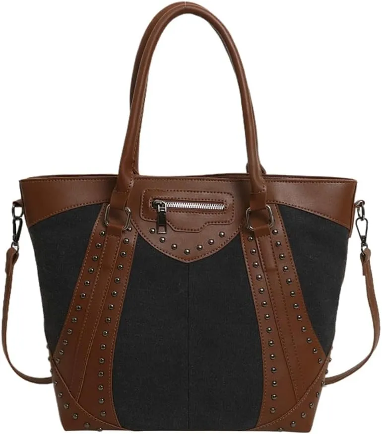 Womens Retro Denim Hobo Bag Slouchy Jean Tote Bag Stylish Crossbody Purse Punk Rivet Satchel Bag Casual Shoulder Bag Carryall
