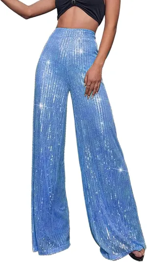 Womens Sequin Flare Pants Women's High Waisted Sequin Loose Drape Wide Leg Pants Fashion Sequence Wide Leg Sequin
