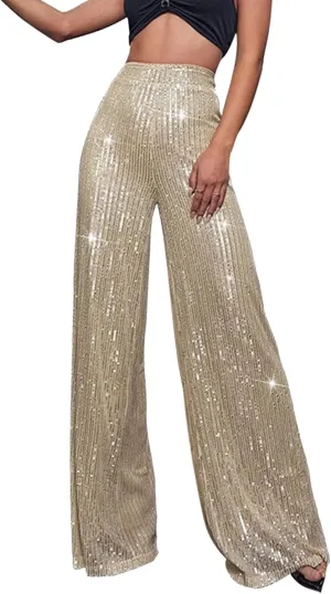 Womens Sequin Flare Pants Women's High Waisted Sequin Loose Drape Wide Leg Pants Fashion Sequence Wide Leg Sequin